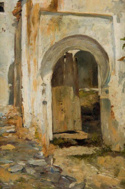 Attribué à Etienne MARTIN (1858-1945) Porte et arcade, Maroc Huile sur panneau. 22...