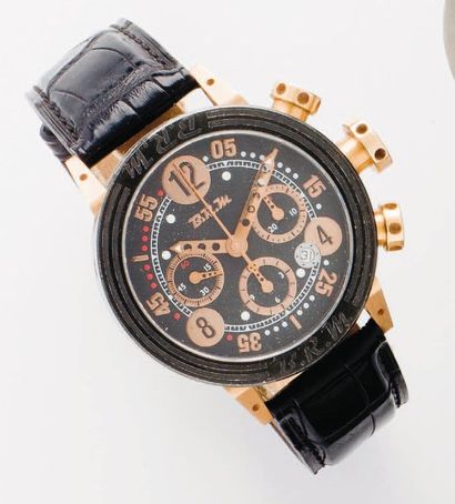 B.R.M Montre de poignet chronographe en or rose et acier, cadran noir à 3 compteurs,...