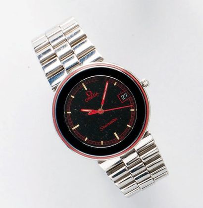 OMEGA « Seamaster « - Bracelet montre en acier, cadran noir et rouge, date, trotteuse...