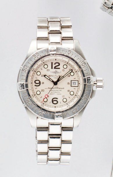 BREITLING « SuperOcean « ref: A17360 - Bracelet montre en acier, cadran beige, date,...