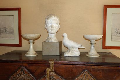 null Lot comprenant un buste de gaçon en plâtre, deux pigeons en plâtre et deux coupes...