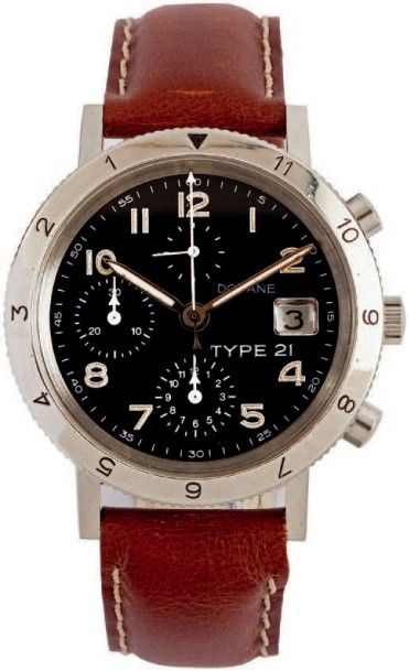 DODANE «Type 21» vers 1991
Rare chronographe bracelet en acier. Boitier rond, fond...