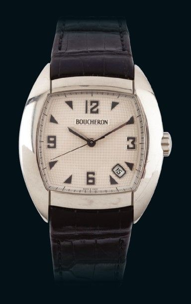 BOUCHERON «Mec» N°0650100 vers 2000
Montre bracelet en acier
Boîtier tonneau. Fond...