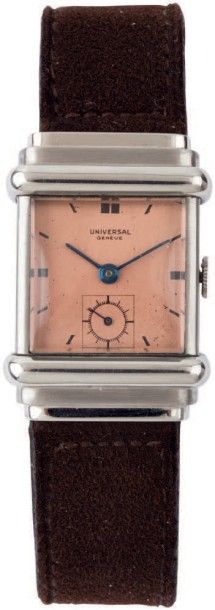 UNIVERSAL GENEVE Vers 1940 Belle montre bracelet en acier. Boîtier rectangle, anses...