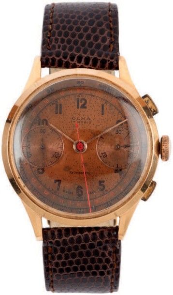OLMA N°428728 vers 1940
Chronographe bracelet en or rose 18k (750). Boîtier rond....