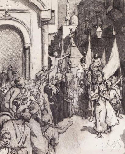 null Ludwig DEUTSCH (1855 - 1935) La procession du Mahmal au Caire Dessin au fusain,...