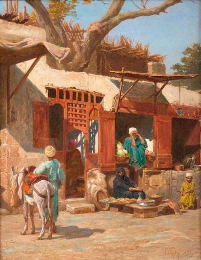 null Paul PHILIPPOTEAUX (1846-1923) Petites échoppes et ânier, Egypte Huile sur toile,...