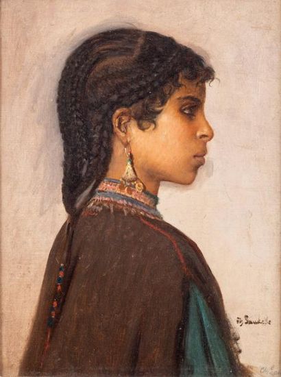 null Charles LANDELLE (1821-1908) Algérienne de profil Huile sur toile marouflée...