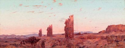 null Eugène DESHAYES (1862-1939) Caravane au soleil couchant sur les ruines d’El...