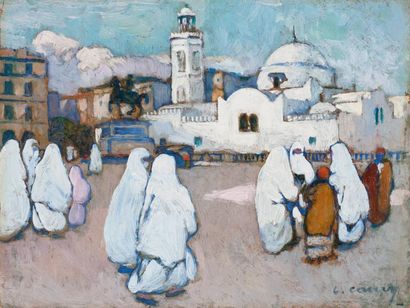 null Léon CAUVY (1874-1933) Femmes devant la mosquée de la Pêcherie, Alger Huile...