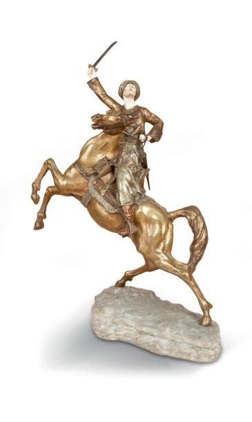 null Thomas François CARTIER (1879-1943) (D’après) Cavalier arabe sur un cheval cabré...