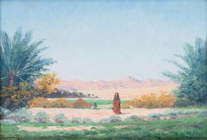 null Emile BOIVIN (1846-1920) Femme dans le sud d’El Kantara Huile sur toile, signée...