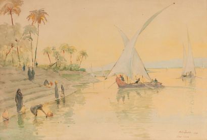 null Henry BACON (1839-1912) Felouques sur le Nil, près de Louxor Aquarelle, signée,...