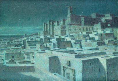 null Tancrède BASTET (1858-1942) Clair de lune à Sousse et sa kasbah Huile sur toile,...
