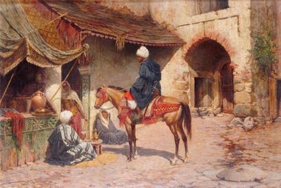 null Tomas MORAGAS Y TORRAS (1837-1906) Marocains en conversation Huile sur panneau,...
