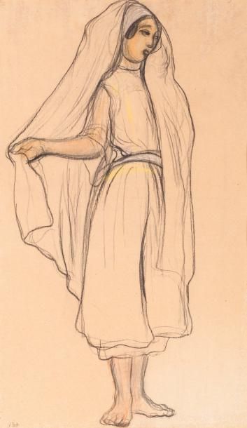 null André SUREDA (1872-1930) Jeune femme au voile Crayon et réhauts d’aquarelle....