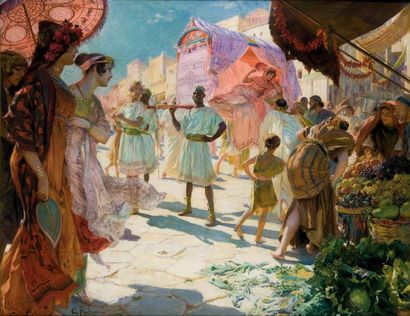 null Georges ROCHEGROSSE (1859-1938) La promenade de la courtisane Huile sur toile,...