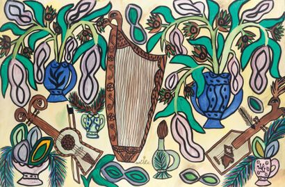BAYA (1931-1998) Harpe, guitare et vase bleu...