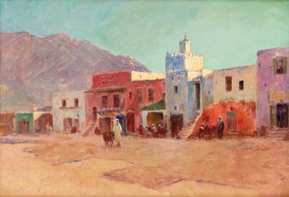 null Eugène DELAHOGUE (1867-1934) Village aux environs de Tétouan Huile sur toile,...