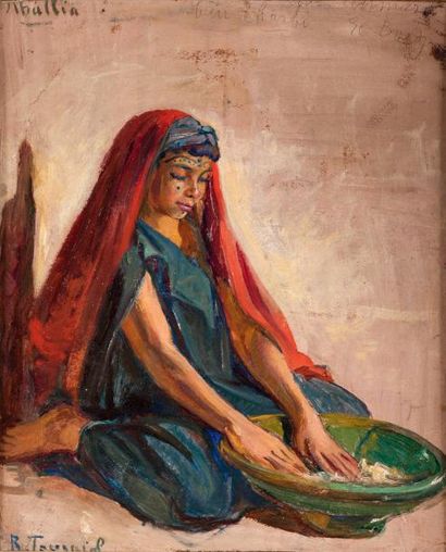 null Renée TOURNIOL (1876-1953) Préparation du couscous, Tunis Huile sur carton,...