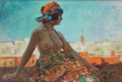 null Emile BAES (1879-1954) Jeune marocaine sur une terrasse Huile sur toile, signée...