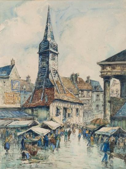 null Frank WILL (1900-1951) Le marché et l'église Sainte-Catherine, Honfleur Aquarelle...