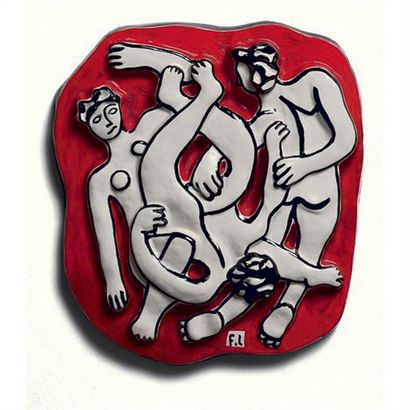 null Fernand LÉGER (1881-1955) Les acrobates sur fond rouge, 1954 Sculpture en terre...