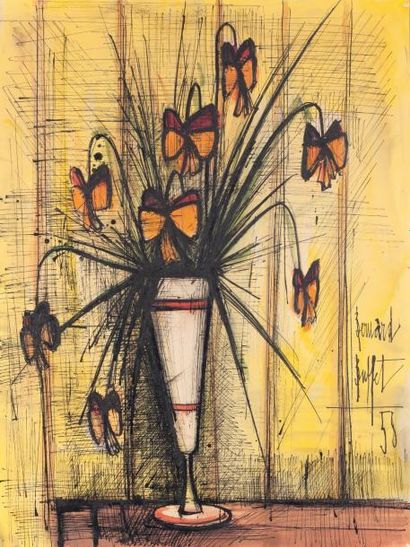 null Bernard BUFFET (1928-1999) Bouquet de fleurs papillon Aquarelle et encre de...
