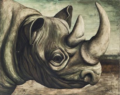 null Francis SAVEL (XXème) Le Rhinocéros Huile sur toile signée en bas à droite daté...