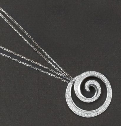 null Double chaîne en or gris et pendentif « Spirale » en or gris entièrement serti...