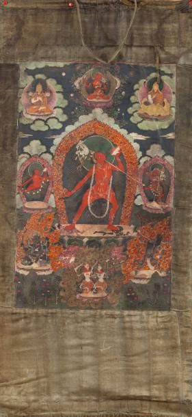 null Tibet, XIXe siècle Thangka en couleurs sur toile, représentant la déesse Ushnisa...