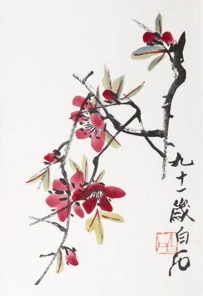 null Chine, milieu du XXe siècle Qi Baishi. Album de 23 lithographies à thèmes divers,...