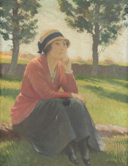 null Jeune femme au chapeau de paille assise dans la campagne, Vieille maison, Montagne...