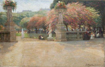 null Enfants jouant au jardin du Luxembourg Huile sur toile, signée en bas à droite...