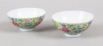 Chine, période Qing, XVIIIe siècle 
Paire de coupes en porcelaine et émaux de la...