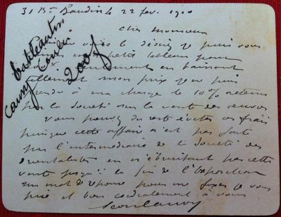 null Léon CAUVY

Carte autographe signée adressée à M. Meley, le 22 février 1910,...
