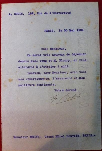 null Auguste RODIN.

Lettre signée adressée à Louis Meley, de Paris, le 30 mai 1901,...