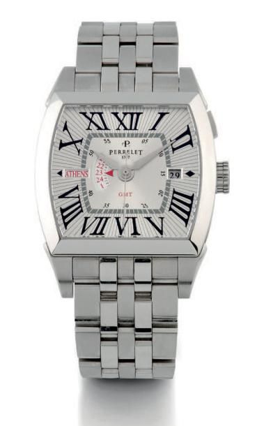 PERRELET “Dual Time” vers 2010
Montre bracelet en acier. Boitier tonneau, fond saphir....