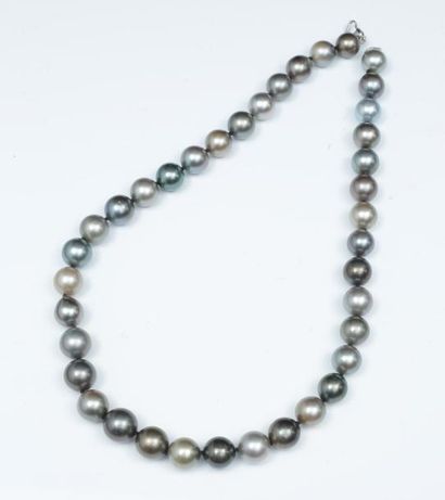 null Collier de trente-huit perles de culture grises de Tahiti. Le fermoir mousqueton...