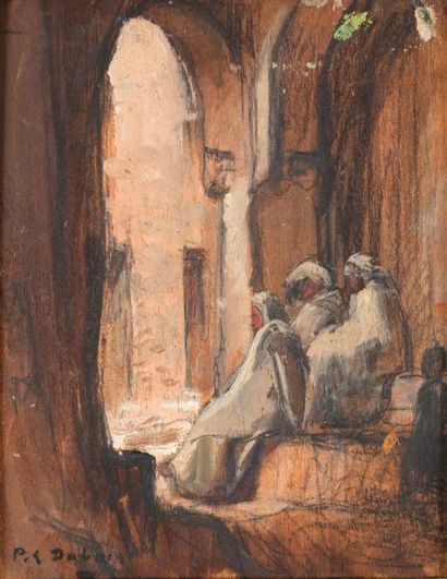 null Paul-Elie DUBOIS (1886-1949) Trois personnages dans la Kasbah Huile et fusain,...