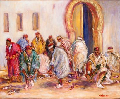 null Eddine Sahraoui SCHEMS (Né en 1948) La sortie de la mosquée Huile sur toile,...