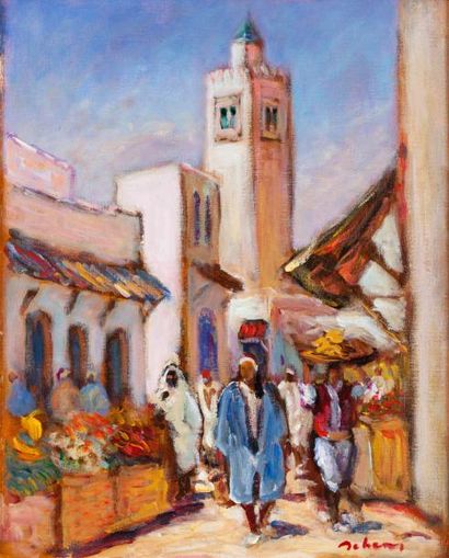 null Eddine Sahraoui SCHEMS (Né en 1948) Rue à Sidi Bachir, Tunis Huile sur toile,...