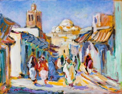 null Eddine Sahraoui SCHEMS (Né en 1948) Rue Halfaouine, Tunis Huile sur panneau,...