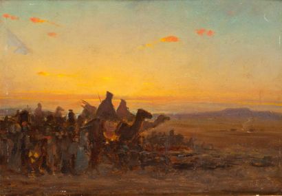 null Richard FUCHS (1852- ) Caravane au crépuscule Huile sur toile marouflée sur...