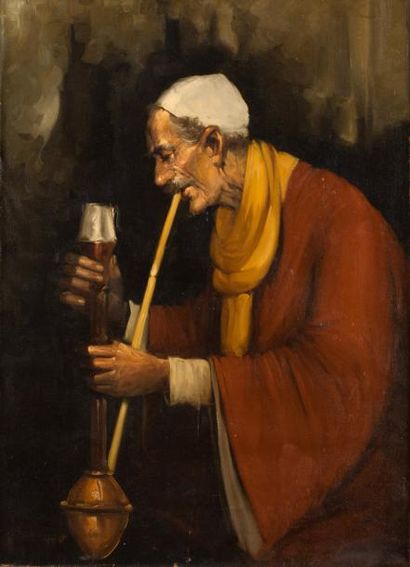 null Otto PILNY (1866 - 1936) Bédouin fumant la pipe à eau Huile sur toile, signée...