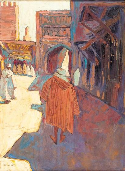 null Roman LOTH (1893-?) Rue animée dans la Casbah Huile sur toile, signée en bas...