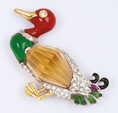 null Broche "Canard" en or jaune ornée de corail, citrine facettée, péridot, rubis...