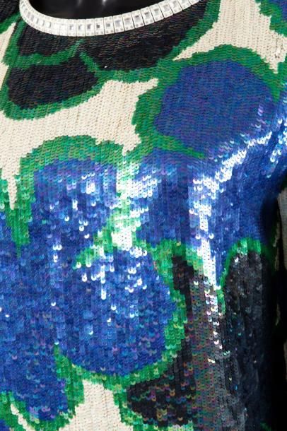 Pierre CARDIN Mini robe ivoire entièrement pailletée à motif florale Pop-Art multicolore...