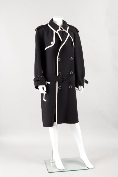 GAULTIER2 / GAULTIER2 Trench coat en gabardine de laine noire gansé ivoire, col châle...