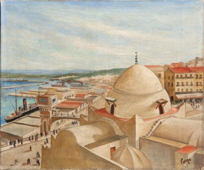 Jean LAUZE (1908-2016) 
Le port d'Alger vu des toits de la Mosquée de la pêcherie.
Huile...